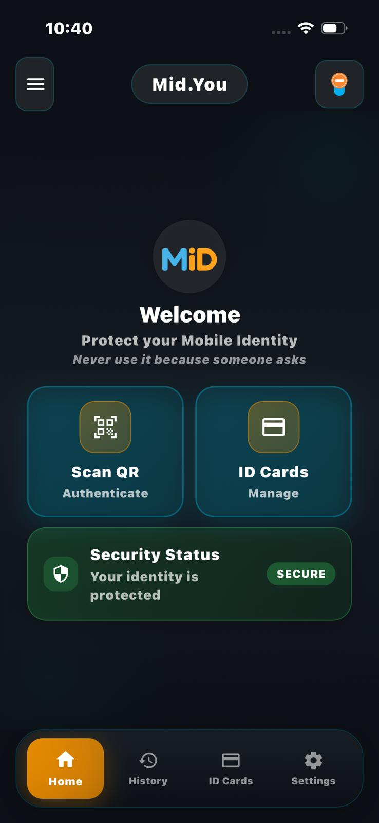 MID mobile app home screen with QR scan, ID cards, and security status